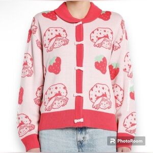 Strawberry Shortcake Bows Pink Collared Cardigan (Large)